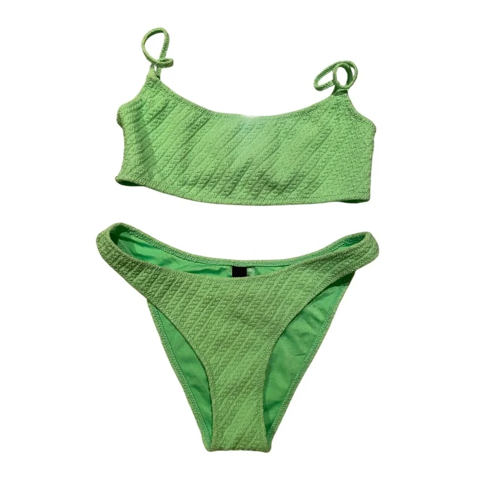 Triangl Lime Green Textured Smocked Rib Triangle Bikini Set Size S